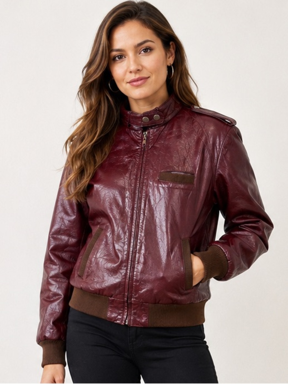 Vintage Leathers by Jeffery Burgundy Leather Bomber Jacket Retro Tailored Fit
